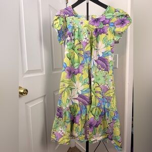 Woman Dress S size  Floral Tiered Dress in Lime Green & Purple made in Hawái